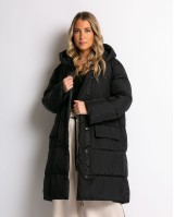 Μπουφάν μακρύ με κουκούλα και μπροστινές τσέπες μαύρο