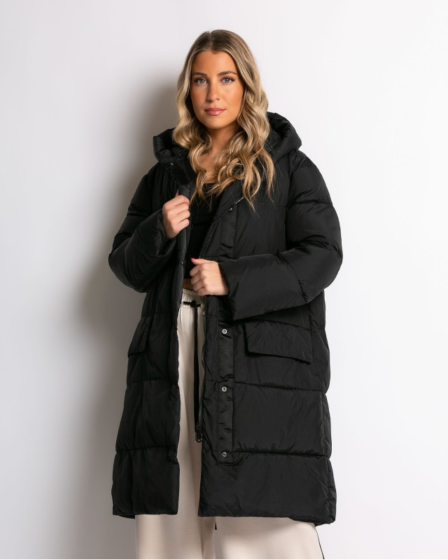 Μπουφάν μακρύ με κουκούλα και μπροστινές τσέπες μαύρο