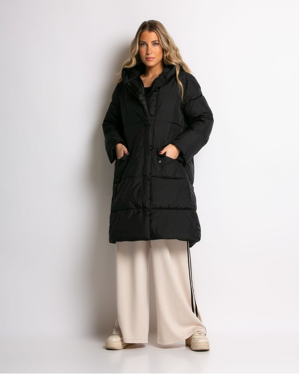 Μπουφάν μακρύ με κουκούλα και μπροστινές τσέπες καφέ