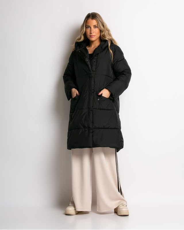 Μπουφάν μακρύ με κουκούλα και μπροστινές τσέπες μαύρο