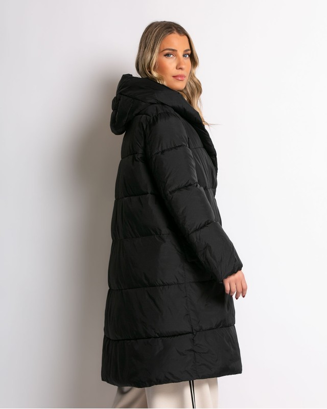 Μπουφάν μακρύ με κουκούλα και μπροστινές τσέπες μαύρο