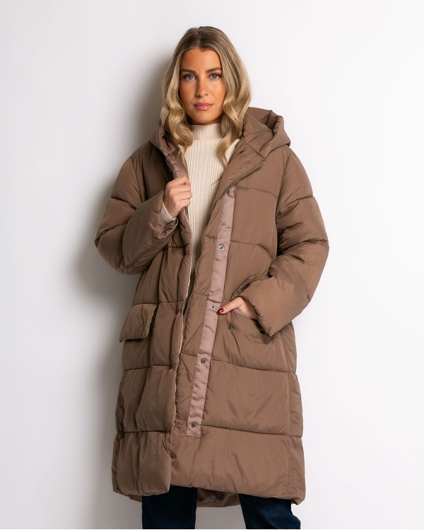 Μπουφάν μακρύ με κουκούλα και μπροστινές τσέπες καφέ