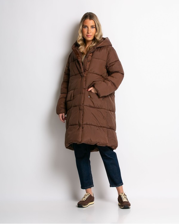 Μπουφάν μακρύ με κουκούλα και μπροστινές τσέπες καφέ