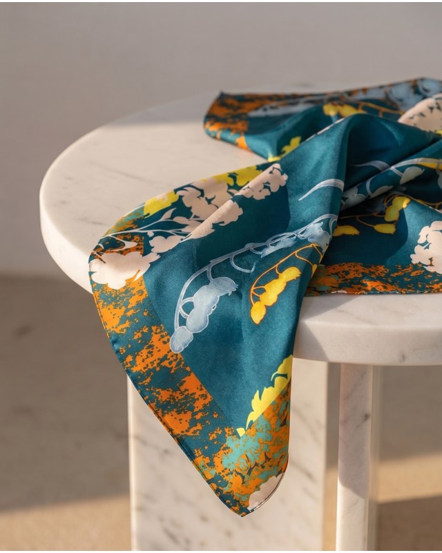 Floral Satin Square Scarf - Deep Teal & Mustard