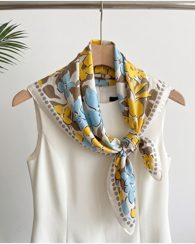 Floral Satin Square Scarf - Yellow & Blue