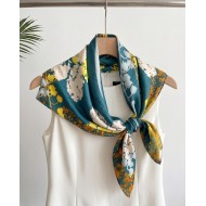 Floral Satin Square Scarf - Deep Teal & Mustard
