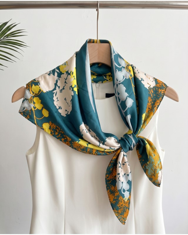 Floral Satin Square Scarf - Deep Teal & Mustard
