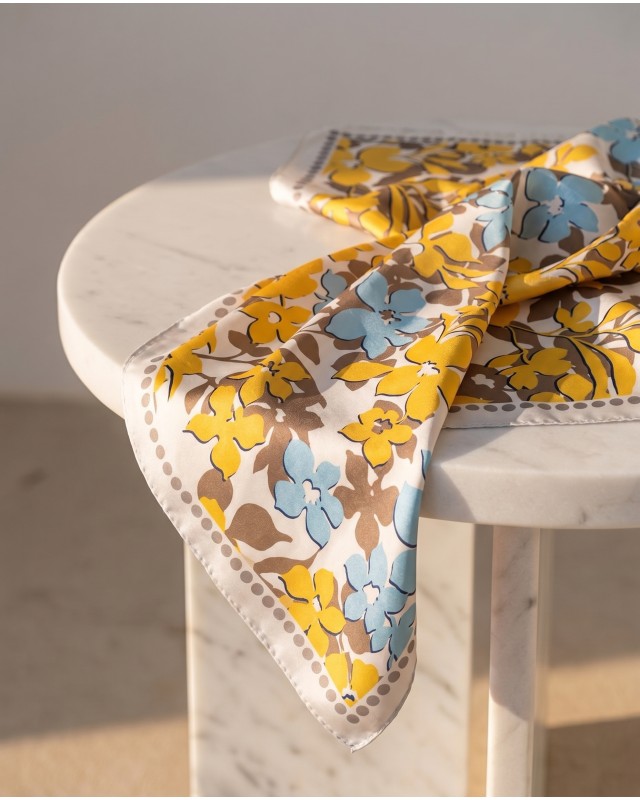 Floral Satin Square Scarf - Yellow & Blue