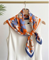 Floral Satin Square Scarf - Orange & Blue