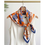 Floral Satin Square Scarf - Orange & Blue