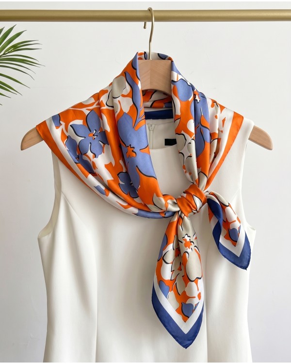 Floral Satin Square Scarf - Yellow & Blue