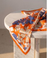 Floral Satin Square Scarf - Orange & Blue