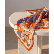 Floral Satin Square Scarf - Orange & Blue