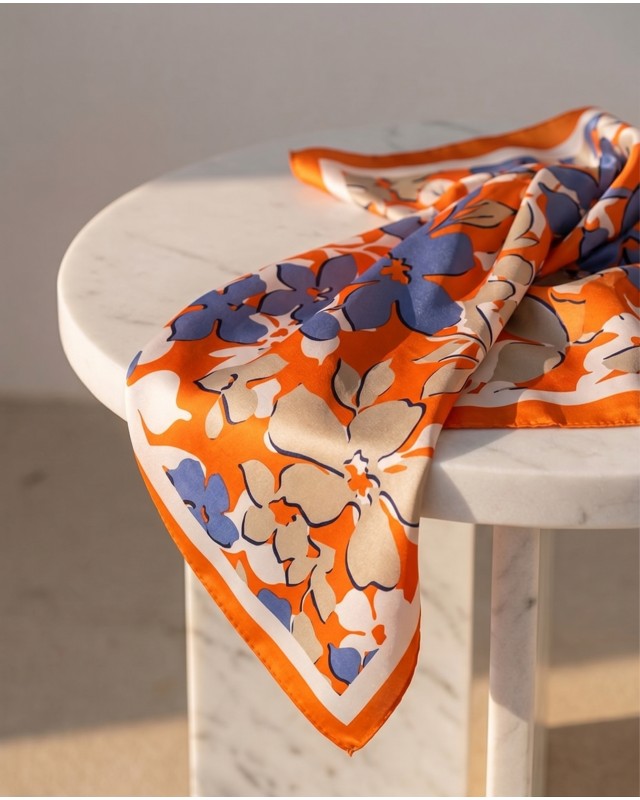 Floral Satin Square Scarf - Orange & Blue