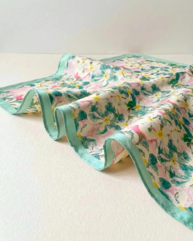 Floral Print Satin Square Scarf - Pastel Green