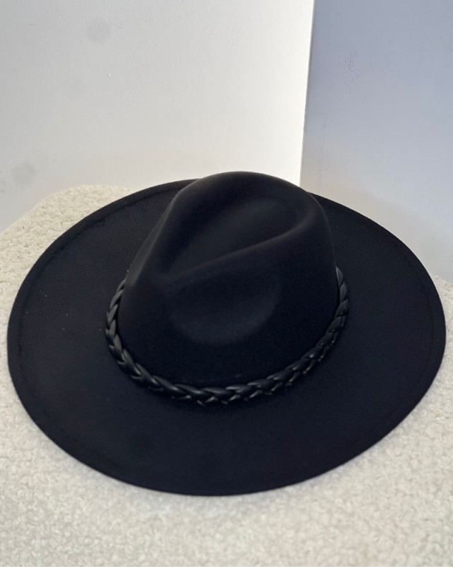 Καπέλο Fedora με πλεξούδα μα΄ύρο