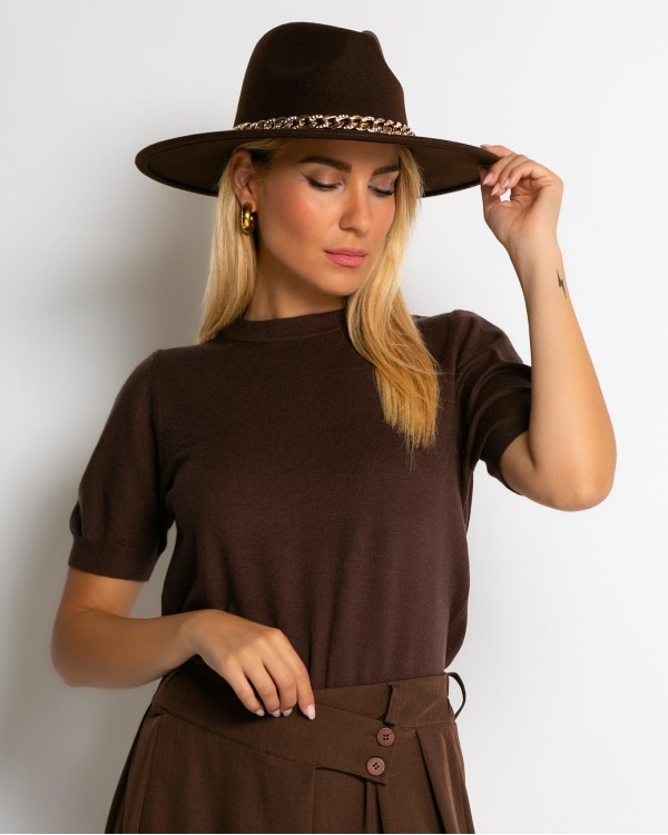Καπέλο Fedora καφέ με χρυσή αλυσίδα