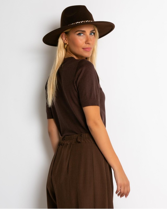 Καπέλο Fedora καφέ με χρυσή αλυσίδα